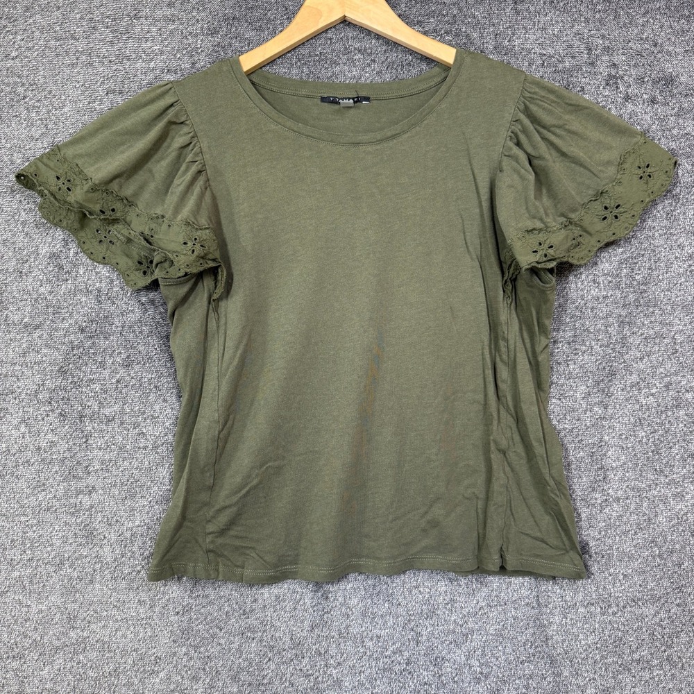 T Tahari Top Large Olive Green Eyelet Flutter‎ Sleeve Cotton Modal Knit